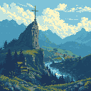 A majestic pixel art landscape features a towering mountain peak crowned with a golden cross, creating a serene and awe-inspiring scene.