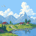 Pixel art depicts serene red-roofed houses nestled by a tranquil lake at the foot of towering mountains. The scene evokes a peaceful, idyllic escape into nature.