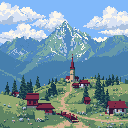 This pixel art depicts a peaceful alpine village with rustic red-roofed buildings nestled in a green valley, dominated by a majestic, snow-capped mountain. The scene evokes a sense of tranquility and the beauty of nature.
