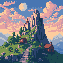 A towering, pixelated mountain dominates the scene, its slopes home to a quaint, European-style village. Red-roofed houses and a small castle cling to the mountainside, creating a whimsical and serene fantasy landscape.