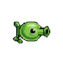 This pixel art features a vibrant, Peashooter-esque plant character with a determined expression, ready to fire. The stylized, green sprite pops against a stark black background, evoking a playful, video game aesthetic.