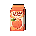 This pixel art image showcases a charming, retro-style peach juice carton with a delightful peach illustration. Rendered in warm oranges and greens, the design evokes a sense of freshness and nostalgic sweetness.