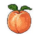 A perfectly ripe, pixelated peach with stem and leaves attached takes center stage against a stark black background. The warm oranges, yellows, and greens create a simple, nostalgic image of this idealized fruit.