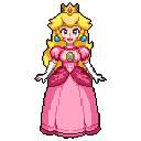 This pixel art captures Princess Peach with a cheerful smile and iconic design. Her vibrant pink dress, golden hair, and jeweled crown stand out against the dark background, evoking a sense of classic video game nostalgia.