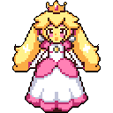 This pixel art image captures a surprised and poised Princess Peach in classic 8-bit style. Her iconic pink dress and golden crown stand out against the stark background, evoking a sense of retro gaming nostalgia.