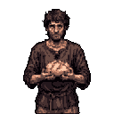 A pixelated figure somberly cradles a large, textured object in his hands, his gaze fixed downwards, suggesting a weighty responsibility or quiet contemplation. The monochromatic brown palette enhances the melancholic and introspective mood.
