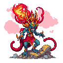 A fierce, blue-skinned demon with a golden headdress stands ready for battle, flames erupting from its head. This pixel art figure exudes power and mythical intensity with its aggressive pose and fiery accents.