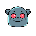 This pixel art features a cute, gray-blue cartoon head with a sweet smile and striking, intense pink eyes. The character's simple design and retro style create a nostalgic and slightly unsettling vibe.