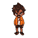 This pixel art character exudes a stern intensity with his furrowed brow and determined expression. Sporting a vibrant orange jacket over a white tee, this edgy figure strikes a pose reminiscent of classic video game heroes.
