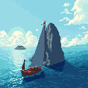A lone, reddish-brown sailboat with a dark red sail navigates calm waters near a towering, jagged rock formation in this serene pixel art scene. The warm tones of the boat stand out against the cool blues and greys of the sea and sky, creating a peaceful and contemplative maritime view.