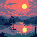This pixel art piece captures a tranquil sunset over a mountainous landscape, complete with a reflective body of water and a lone boat enjoying the serene vista. Warm hues of orange and yellow dominate the sky, contrasting with cool blues and purples in the distant mountains. The scene evokes a peaceful and nostalgic mood, inviting contemplation.
