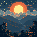 A radiant moon/sun dominates this pixel art landscape, casting a warm glow over a majestic mountain range and silhouetted foliage. The scene blends cool blues with vibrant oranges, evoking a serene and nostalgic sense of wonder.