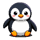 This pixel art showcases an adorable, seated penguin with large, expressive eyes and subtle tear marks, creating a melancholic yet endearing charm. The simple color palette and rounded form emphasize the penguin's innocence.