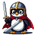 This pixel art image features an adorable, chibi-style penguin knight, armed with two swords and ready for adventure. The cute character's red cape and golden armor accents pop against the stark black background, creating a charming and heroic vibe.