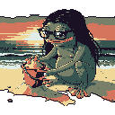A frog-like humanoid with glasses and long hair is depicted in pixel art, crouched on a sandy beach at sunset, carefully manipulating a small, reddish-orange object. The creature's thoughtful expression and the warm, serene beach scene evoke a whimsical and contemplative mood.