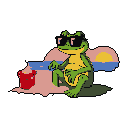 This pixel art image captures a chill lime-green frog sporting sunglasses and relaxing on a sunny beach. With a retro vibe, the scene evokes a sense of carefree summer enjoyment.