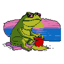 A large, pixelated frog sits pensively by the water, holding a small red bucket. The anthropomorphic amphibian is set against a serene sunset backdrop, evoking a whimsical and nostalgic vibe.