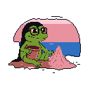 This pixel art depicts an anthropomorphic frog with glasses enjoying a peaceful day at the beach, building a sandcastle with a small bucket. The scene evokes a sense of calm and nostalgic whimsy.