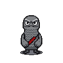 A stern, pixelated owl-creature with a striking red sash stands against a void, its simple design and muted colors lending a mysterious air.
