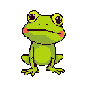 This pixel-art image features a cute, wide-eyed frog with rosy cheeks, sitting upright and staring curiously at the viewer. The vibrant green amphibian pops against a stark black background, creating a simple yet charming design.