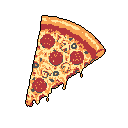 This pixel art depicts a mouthwatering slice of pepperoni pizza, complete with a missing bite and dripping cheese. The warm colors and nostalgic style evoke a feeling of delicious comfort food.