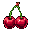 This pixel art image features a pair of vibrant red cherries joined by green stems, rendered in a bold, nostalgic style. The simple design and contrasting colors create an eye-catching and iconic image.