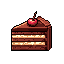 A delicious pixel art slice of layered chocolate cake, complete with a bright red cherry and chocolate curl, stands ready to be enjoyed. The warm, earthy tones and detailed pixelation create a simple yet appetizing image.