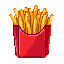 A vibrant pixel art image showcases a serving of golden-brown French fries standing tall in their red container. The simple, iconic depiction against a stark black background evokes a sense of familiarity.