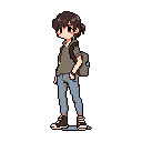 This pixel art image features a casually dressed, introspective young character with dark brown hair and a backpack, standing against a black background and gazing intently to the left. The muted color palette and simple style evoke a nostalgic and relatable mood.