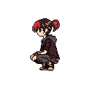 A pixel art sprite depicts a youthful, crouched figure with dark hair accented by vibrant red streaks, clad in modern streetwear and conveying a quiet, introspective vibe.
