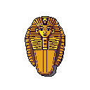 This pixel art captures the iconic golden funerary mask of Tutankhamun, rendered in rich detail with a retro aesthetic. Accents of purple and white highlight the mask's features, evoking a sense of ancient mystery and reverence.