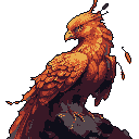 This pixel art showcases a majestic phoenix, rendered in fiery hues, with an intense gaze and regal posture. The detailed and vibrant design captures the mythical bird's power and indomitable spirit.