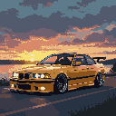 A golden-orange, heavily modified pixel art BMW E36 coupe cruises along a waterfront road, bathed in the warm glow of a vibrant sunset.