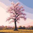 A solitary cherry blossom tree bursts with light pink blooms, rendered in soft, pixelated detail. The image captures a peaceful and nostalgic scene, evoking the fleeting beauty of spring.