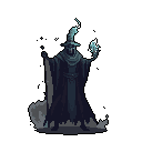 A mysterious, cloaked wizard conjures magic, a glowing blue orb in one hand and a wand in the other. The somber figure, draped in shadow, evokes a sense of dark arts and powerful, foreboding magic.