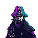 This pixel art showcases a stern pirate with piercing blue eyes, sporting a striking purple and teal tricorn hat adorned with a skull. The detailed portrait, set against a black backdrop, creates an ominous and intense vibe with its gothic color scheme.