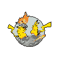 Pixelated Pikachu-like creatures unleash electrifying attacks on a planetary object, causing it to shatter amidst fiery explosions in the stark void. The scene captures a moment of intense power and destruction.