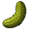 This pixel art showcases a detailed, diagonally-angled pickle rendered in earthy greens against a stark black background. The image meticulously captures the pickle's bumpy texture with scattered light pixels, highlighting its organic form.