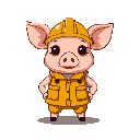 This pixel art features a cute, upright pig dressed as a construction worker, complete with a hard hat and vest. The cheerful character stands confidently with hands on its hips against a stark black background.