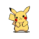 This pixel art image showcases Pikachu in a retro style, standing with a curious expression and ready posture. The iconic Pokémon's vibrant yellow fur, red cheeks, and black-tipped ears pop against a stark black background, evoking a sense of nostalgic charm.