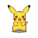 This pixel art image showcases a cheerful Pikachu in a vibrant, minimalist style. The iconic Pokémon stands against a black background, radiating energy and cuteness with its bright colors and joyful expression. It evokes a sense of nostalgia for classic video games.