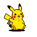 This pixel art features a cheerful Pikachu sitting and waving, its iconic design rendered in vibrant, nostalgic detail. The simple style and happy expression evoke a sense of classic 8-bit games.