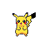 This pixel art features a cheerful Pikachu, standing with a curious tilt of its head and a playful expression. The vibrant yellow character pops against a stark black background, highlighting its rosy cheeks and iconic design.