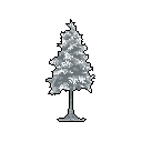 This pixel art piece features a stylized evergreen tree, rendered in shades of grey and white against a black backdrop. The minimalist design and snowy highlights evoke a stark, wintry mood.
