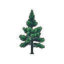 This pixel art image features a solitary evergreen tree, rendered in muted greens and browns, standing against a stark black backdrop. The classic, stylized design evokes a sense of nature and nostalgia.