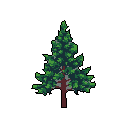 This pixel art image features a stylized coniferous tree, rendered in muted greens and browns. The simple, isolated design against a black background evokes a sense of calm and natural beauty.