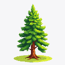 This pixel art image showcases a stylized evergreen tree, rendered in vibrant greens and browns, perfect for a classic video game aesthetic. The tree stands tall on a small patch of grass.