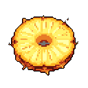 This pixel art features a vibrant, top-down view of a pineapple slice, showcasing its juicy texture and warm, inviting colors. Isolated against a black background, the fruit's bright yellows and oranges pop, creating a simple yet appealing image.