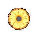 A vibrant, pixelated pineapple slice is showcased in this retro-style image, its warm yellows and oranges popping against the stark black backdrop. The simple, top-down view highlights the fruit's iconic spoked pattern in a nostalgic representation.