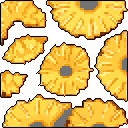This pixel art image features a scattered arrangement of vibrant pineapple slices against a black backdrop. The design, with its varied shapes and sunny color palette, evokes a clean, graphic style reminiscent of game sprites or textures.